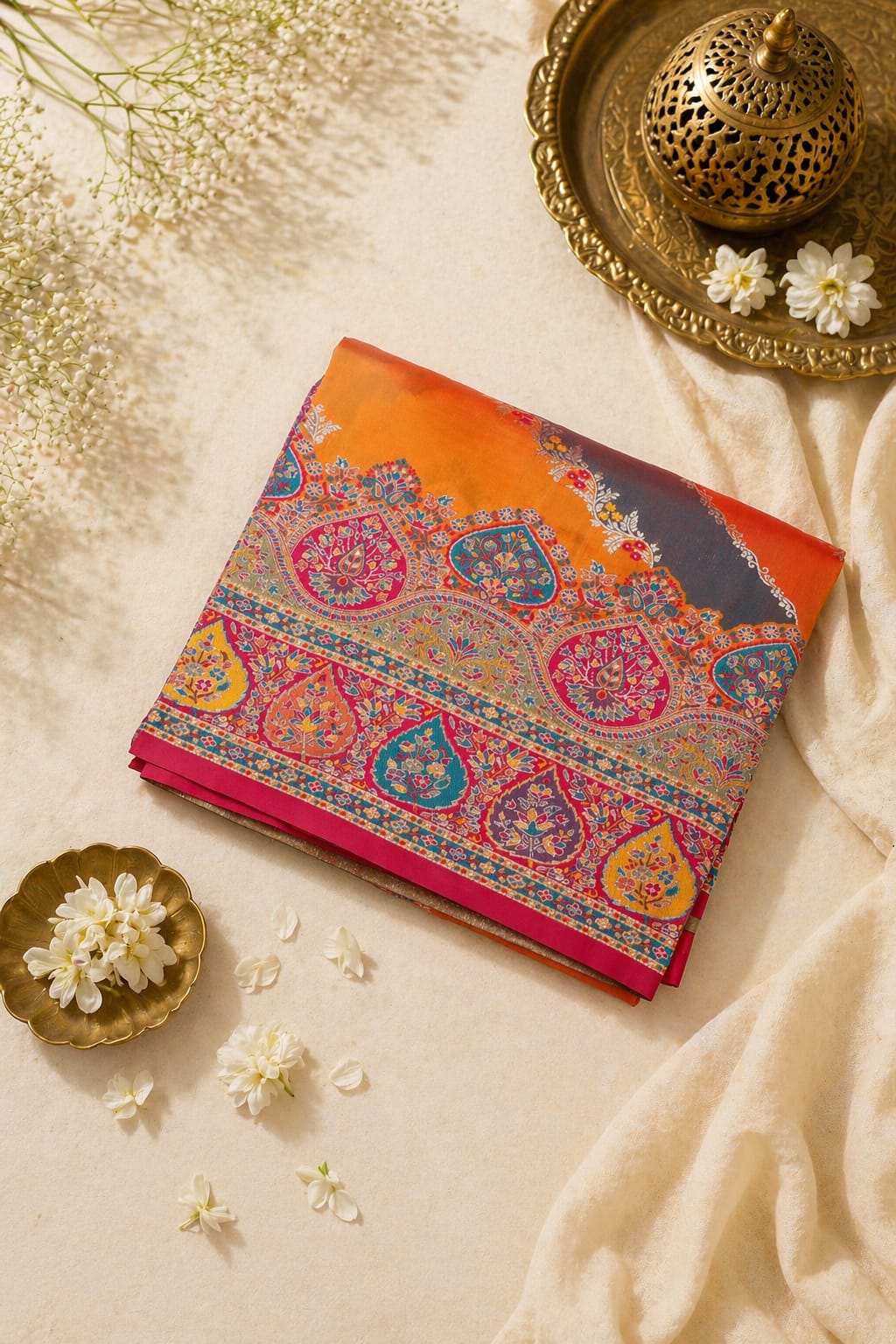 Banarasi Pashmina Silk Saree Yellow Orange