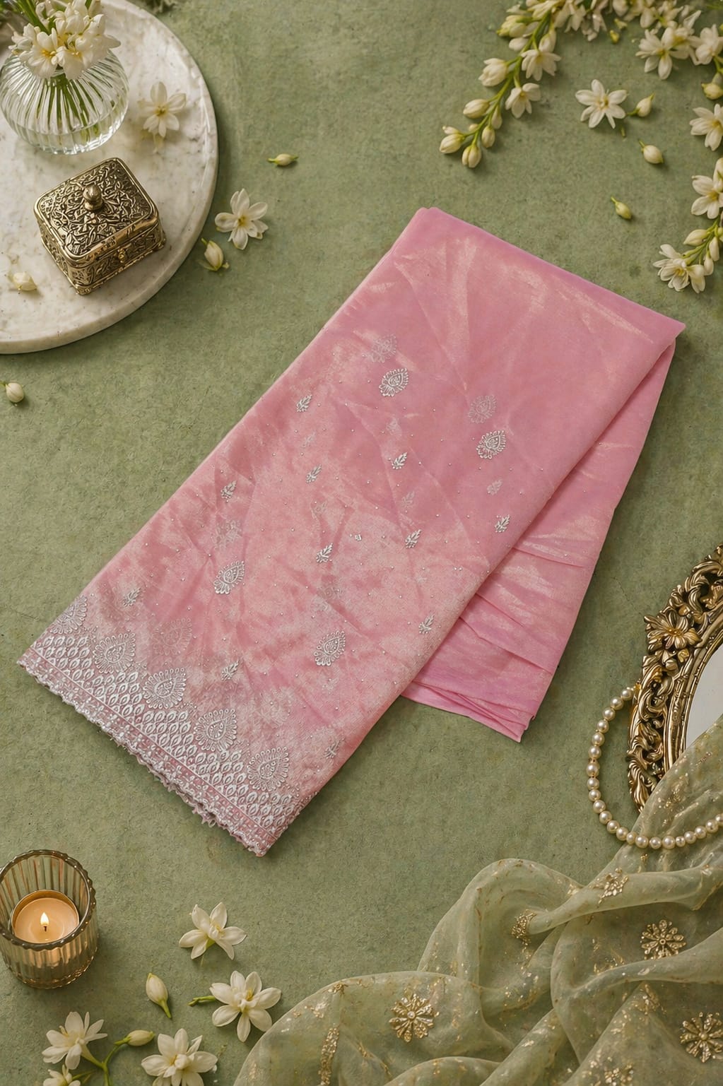 Designer Party Saree Organza Silk Peach Shimmer