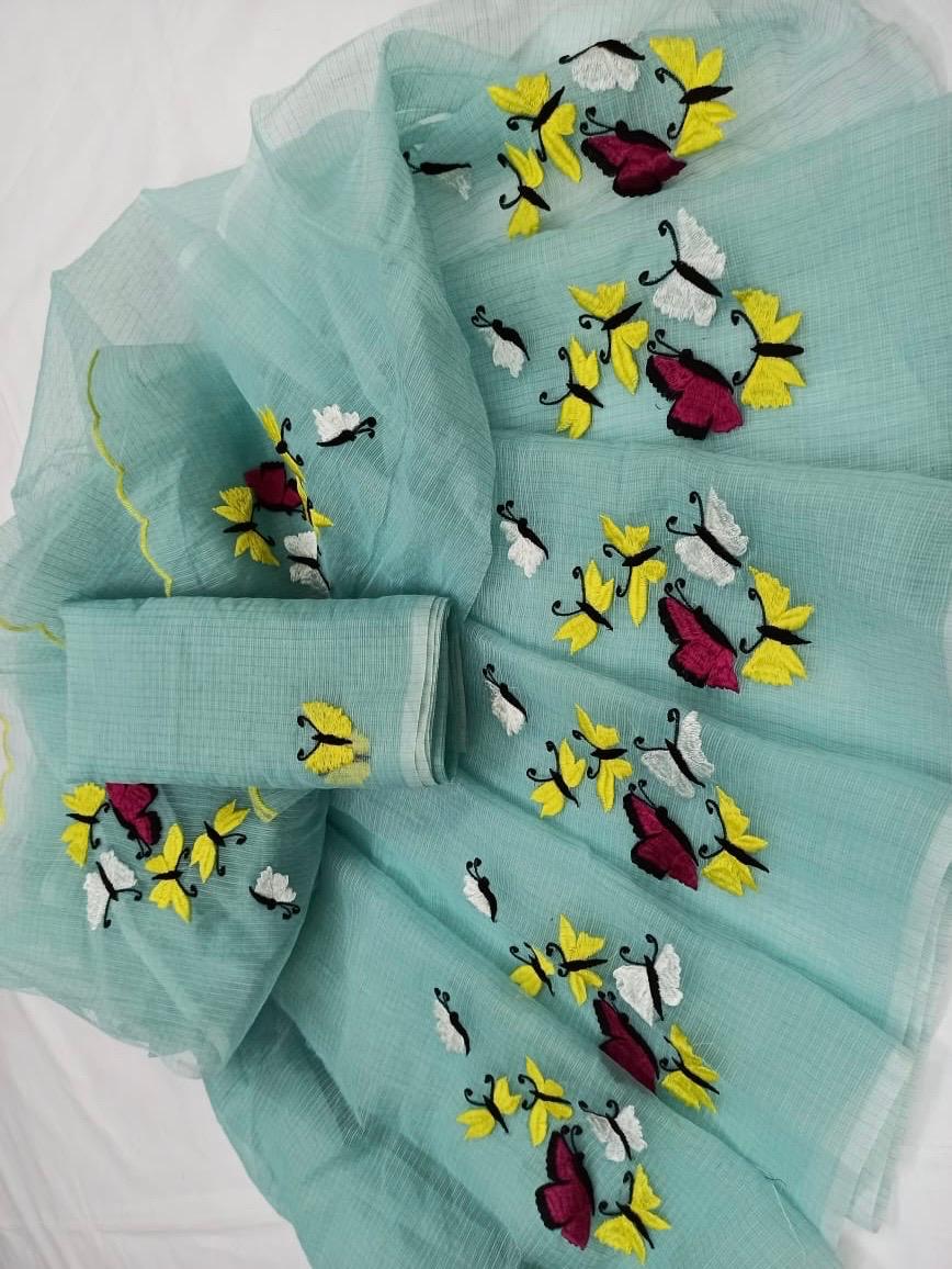 Kota Cotton Butterfly Embroidery Aquamarine