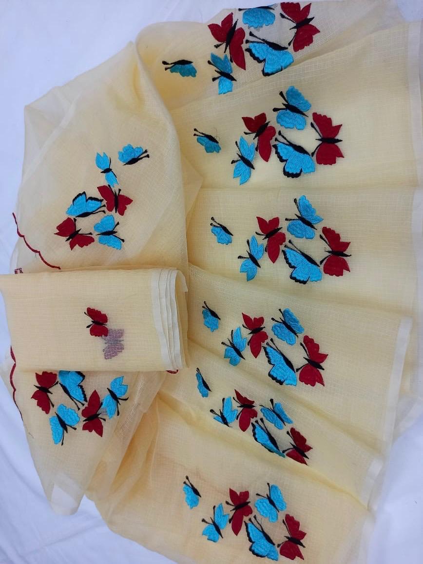 Kota Cotton Butterfly Embroidery Yellow