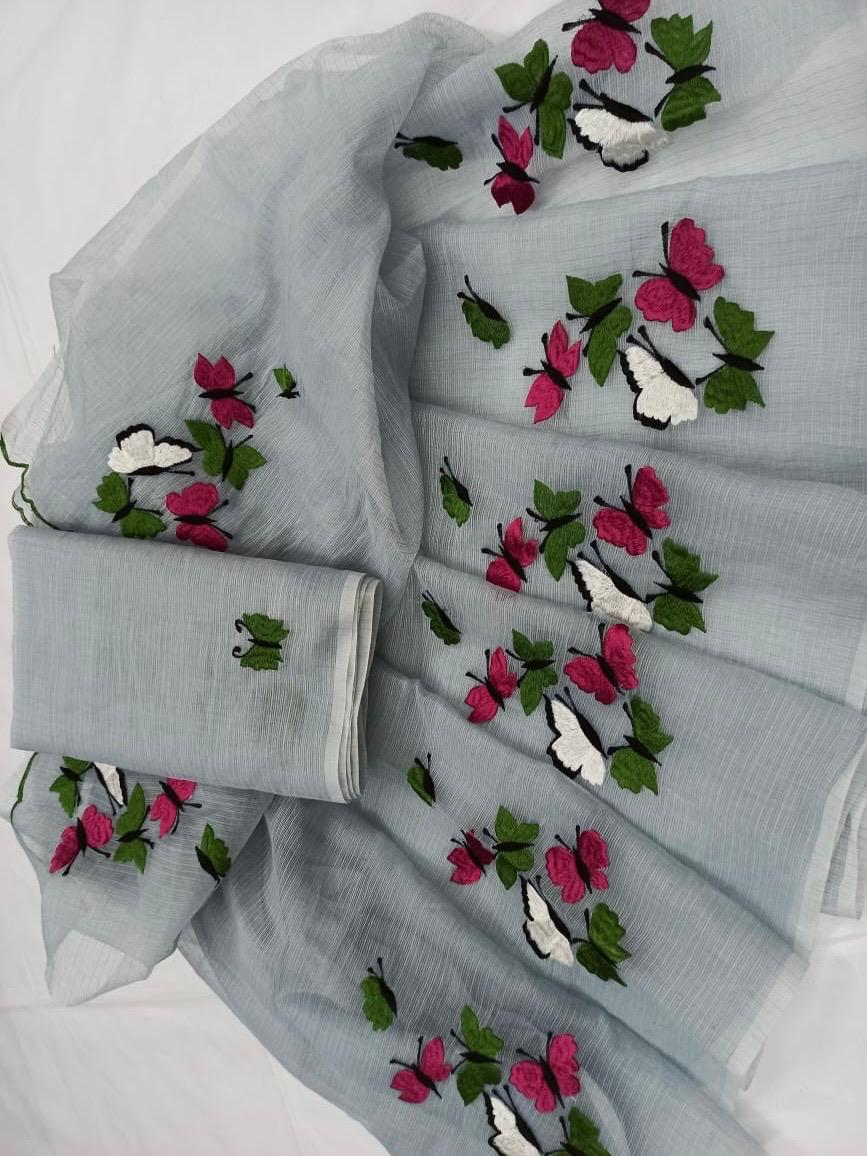 Kota Cotton Butterfly Embroidery Grey