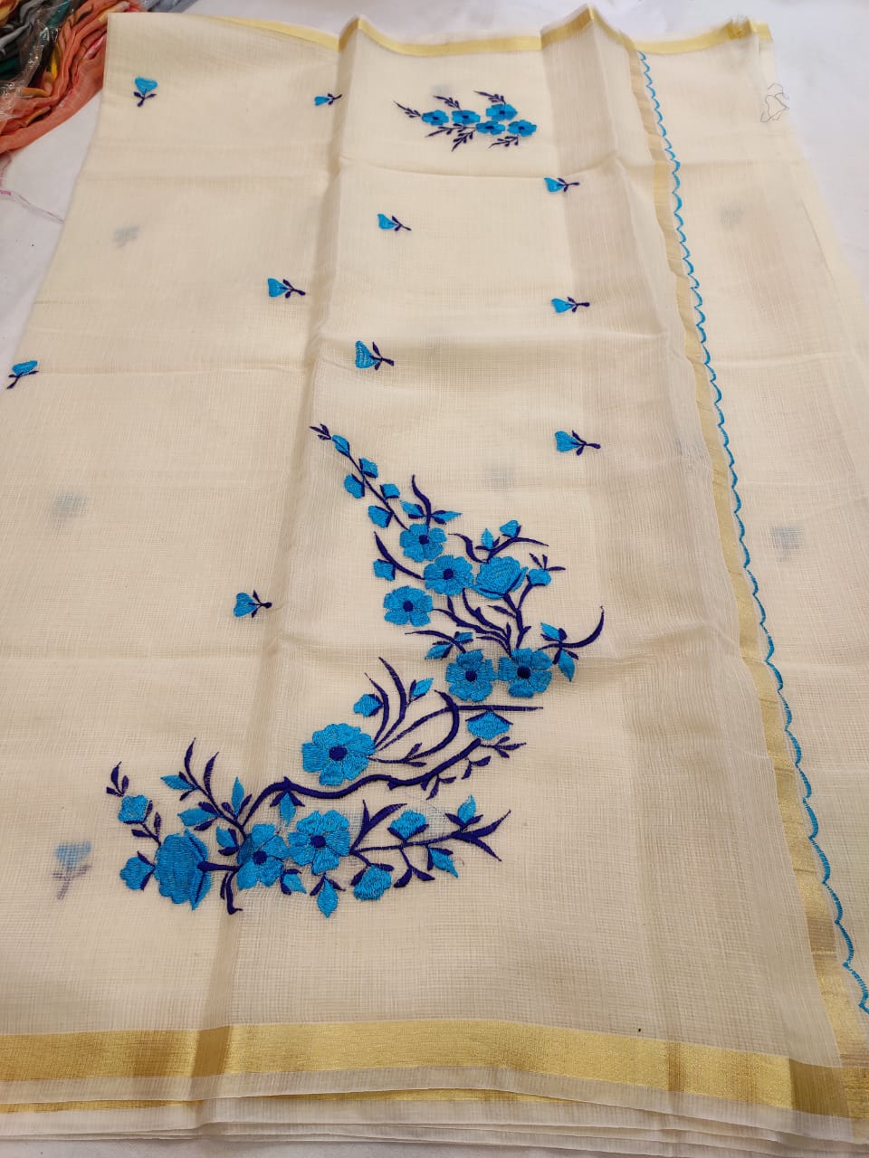 Kota Cotton Artistic Embroidery Cream Blue