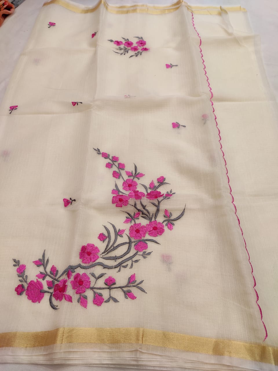 Kota Cotton Artistic Embroidery Cream Pink