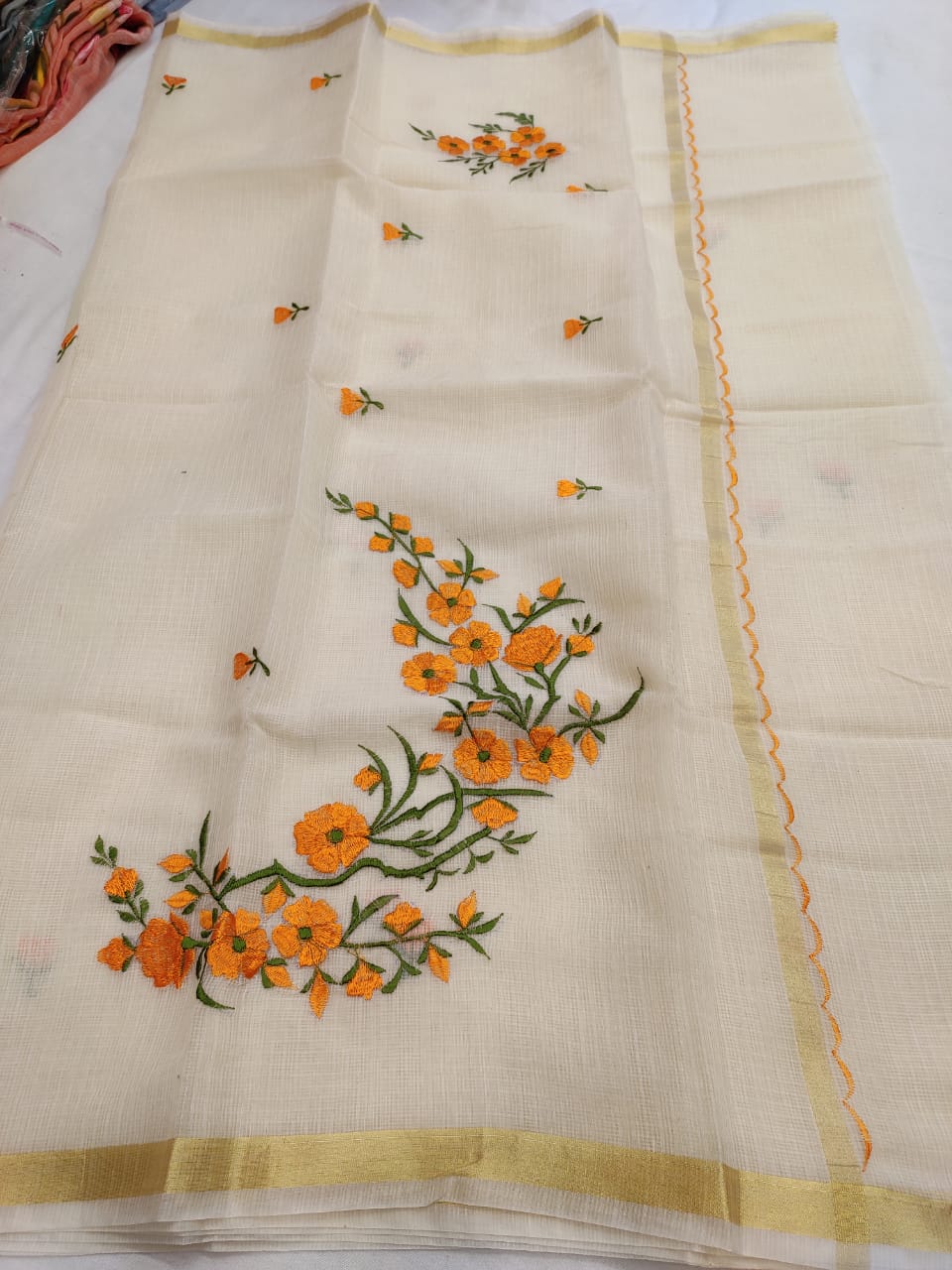 Kota Cotton Artistic Embroidery Cream Orange