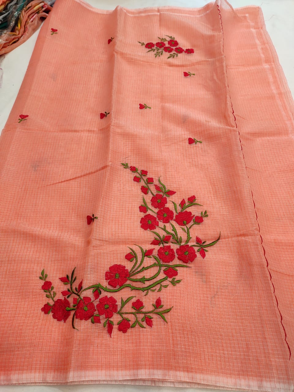 Kota Cotton Artistic Embroidery Orange Red