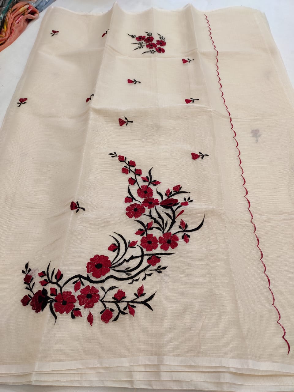 Kota Cotton Artistic Embroidery Cream Maroon