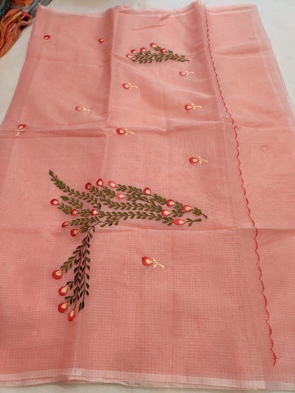 Kota Cotton Artistic Embroidery Peach Green