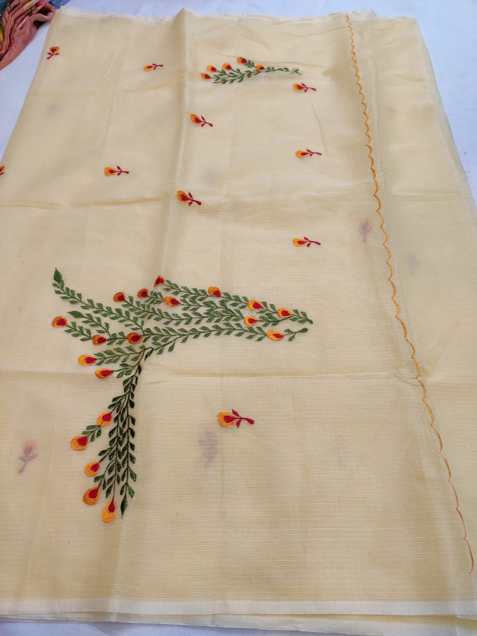 Kota Cotton Artistic Embroidery Cream Green