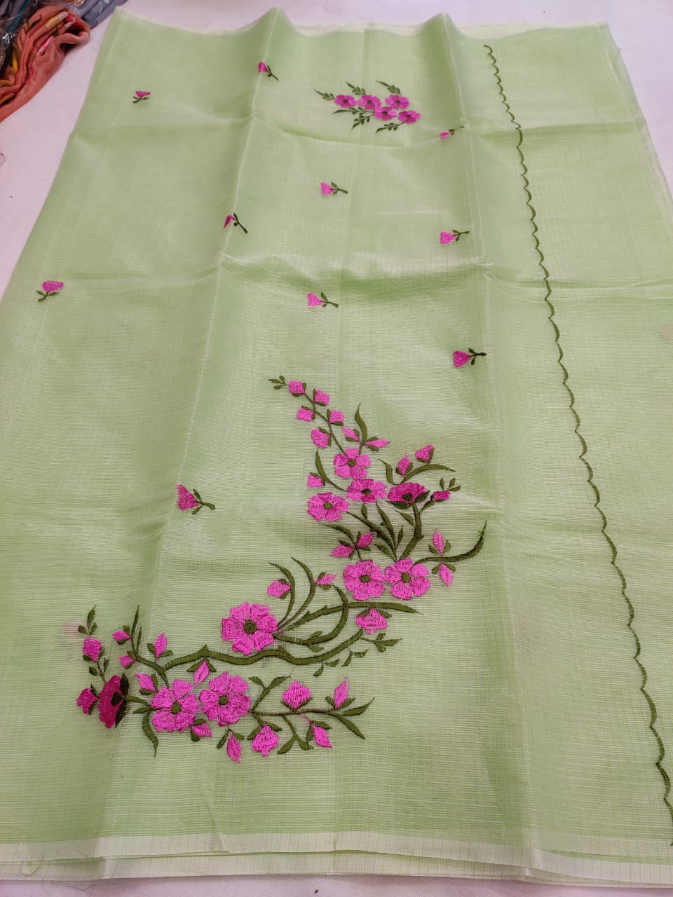 Kota Cotton Artistic Embroidery Green Pink