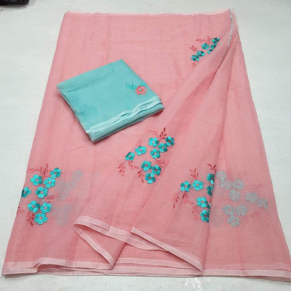 Kota Cotton in Embroidery Peach Light Blue