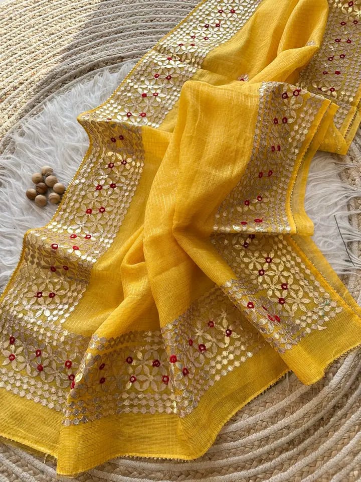 Kota Cotton Saree in Gota Patti Border Yellow