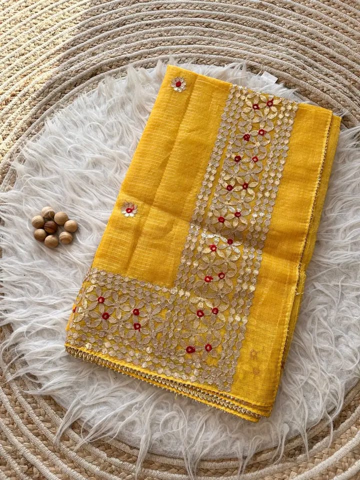 Kota Cotton Saree in Gota Patti Border Yellow