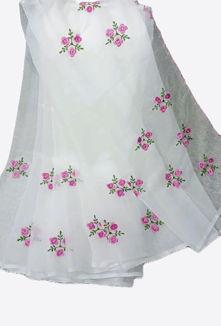 White Embroidery Flowers Cotton Saree