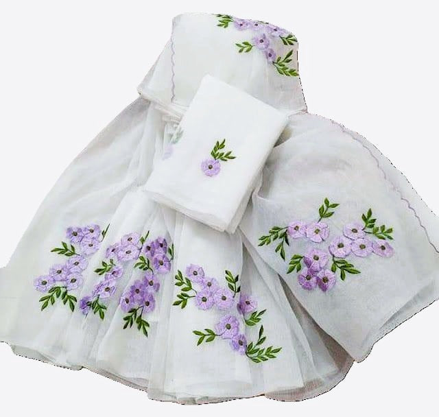 White Embroidery Purple Cotton Saree