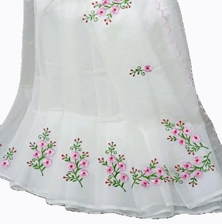 White Embroidery Pink Cotton Saree