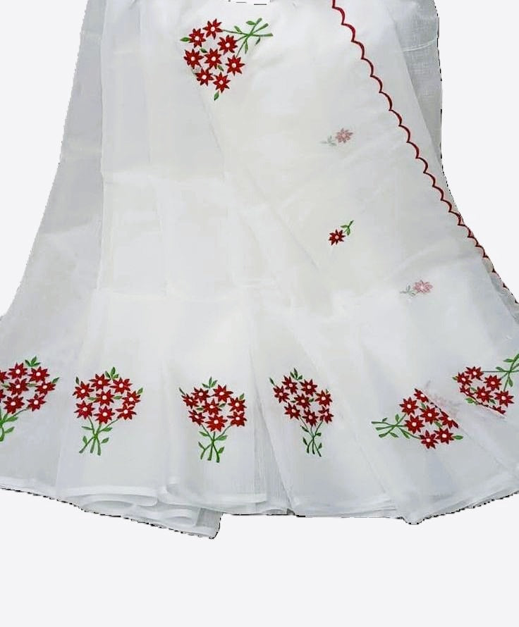 White Embroidery Maroon Cotton Saree