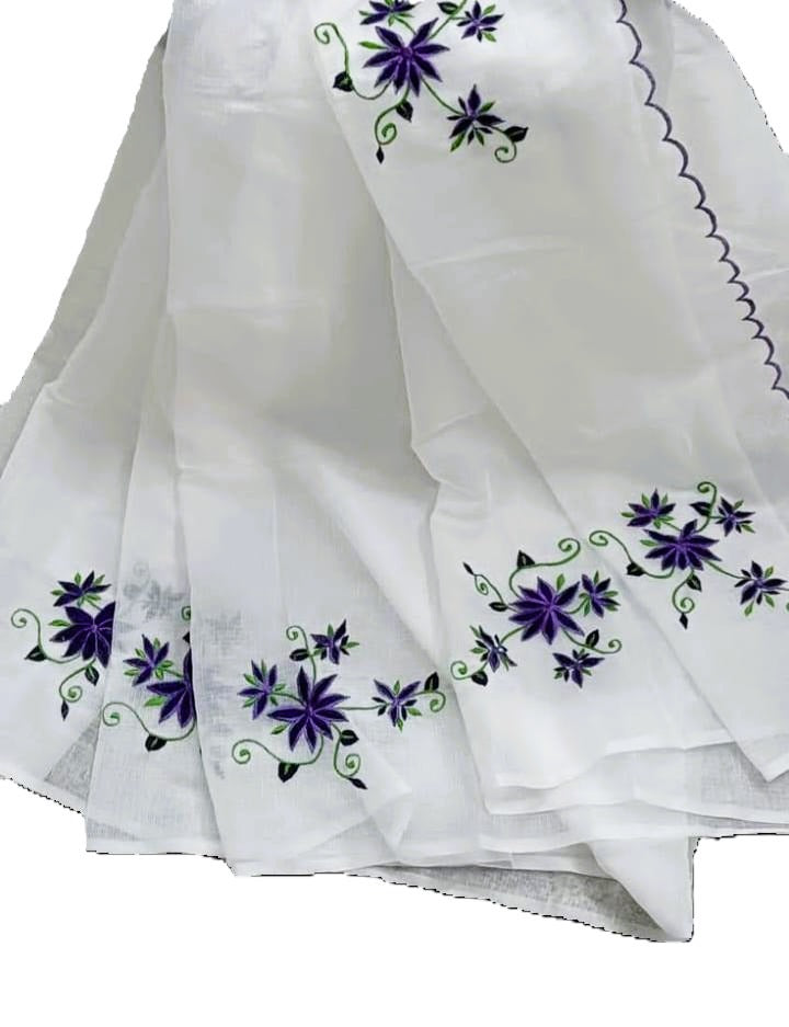 White Embroidery Blue Cotton Saree