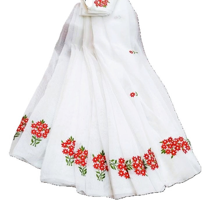 White Embroidery Red Cotton Saree