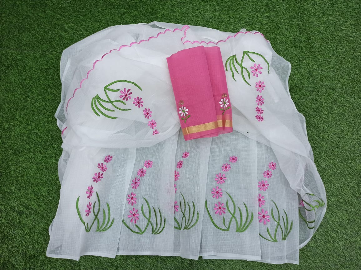 Kota Cotton Embroidery White Pink