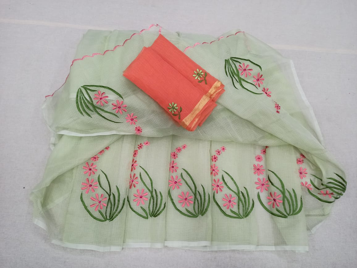 Kota Cotton Embroidery Pista Green Orange