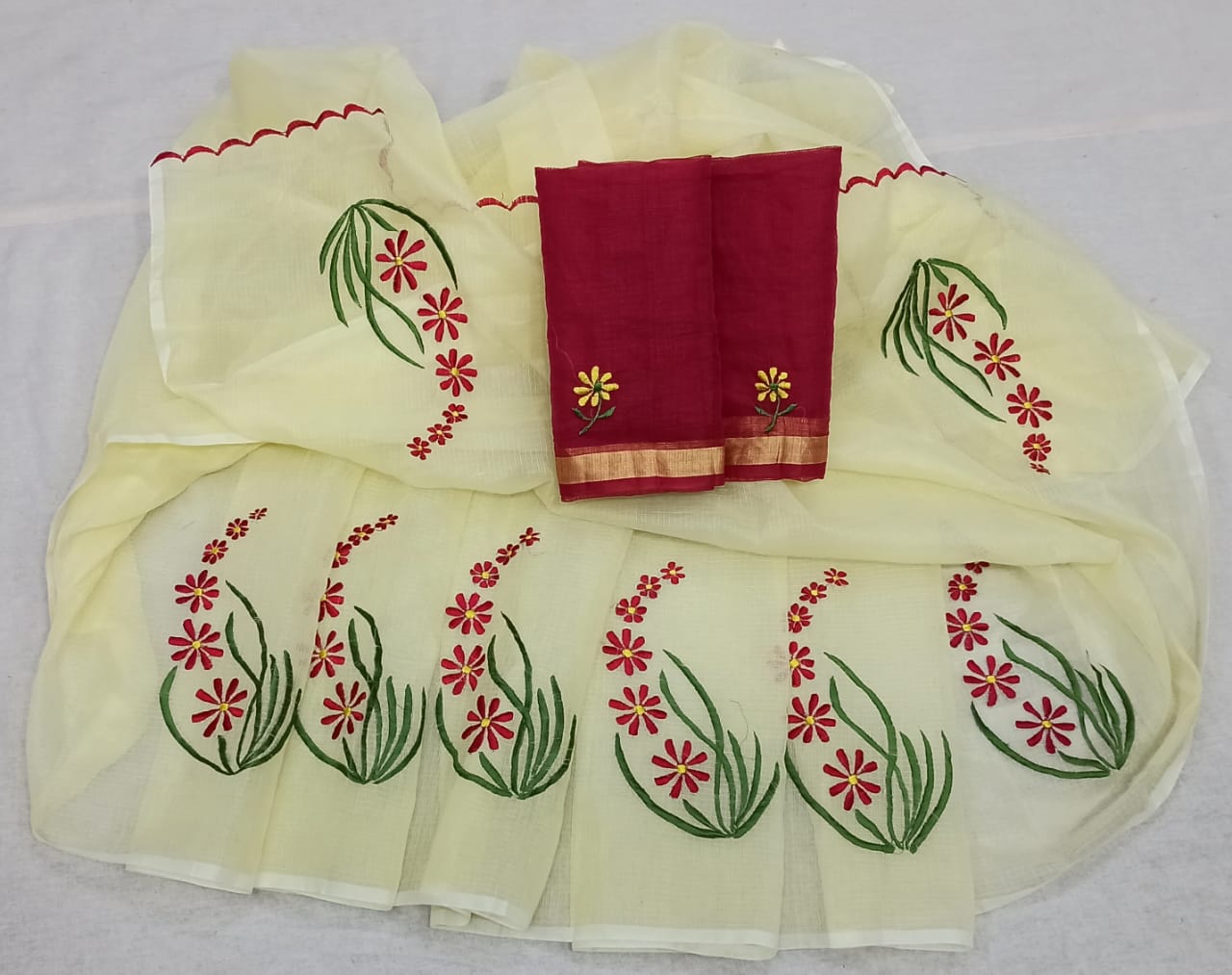 Kota Cotton Embroidery Light Yellow Red