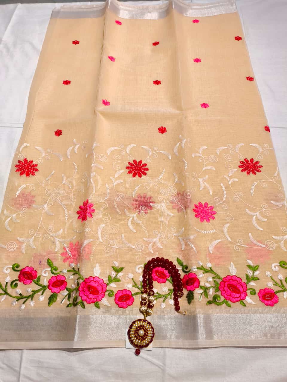 Kota Cotton Heavy Embroidery Beige Cream Pink