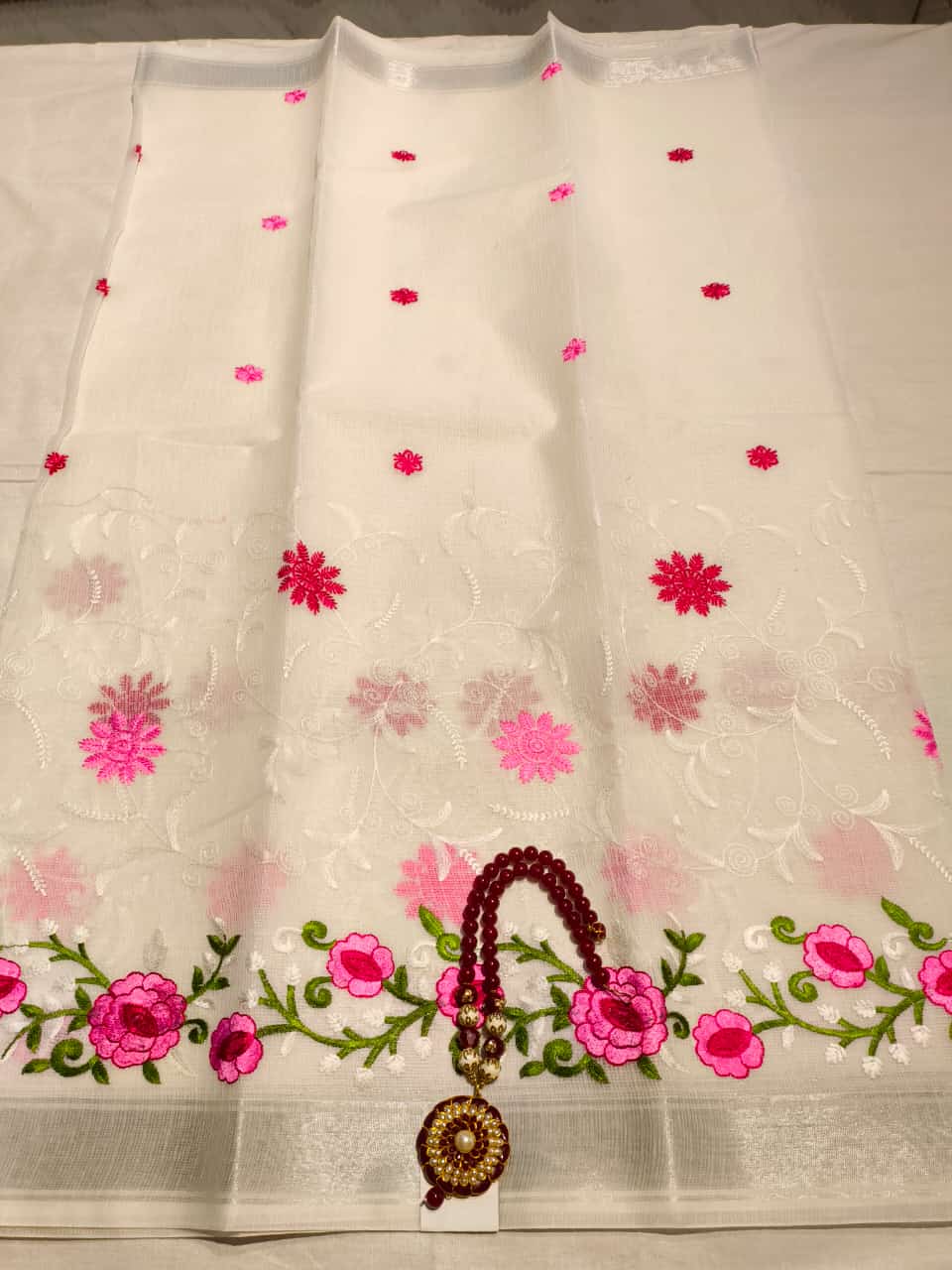 Kota Cotton Heavy Embroidery Off White Pink