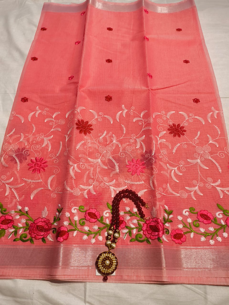 Kota Cotton Heavy Embroidery Carrot Peach Pink