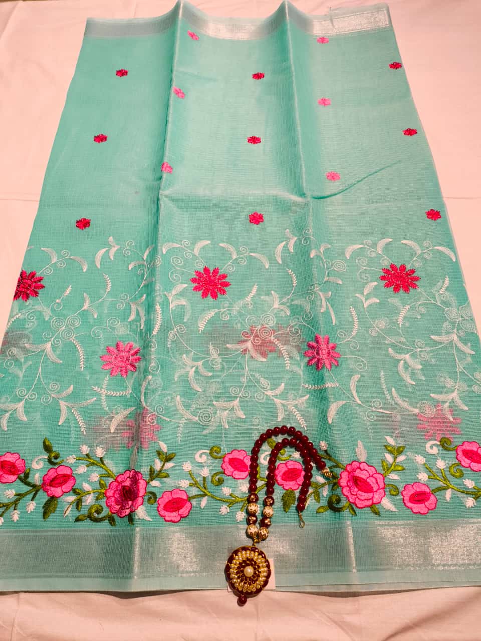 Kota Cotton Heavy Embroidery Sea Blue Cyan Pink
