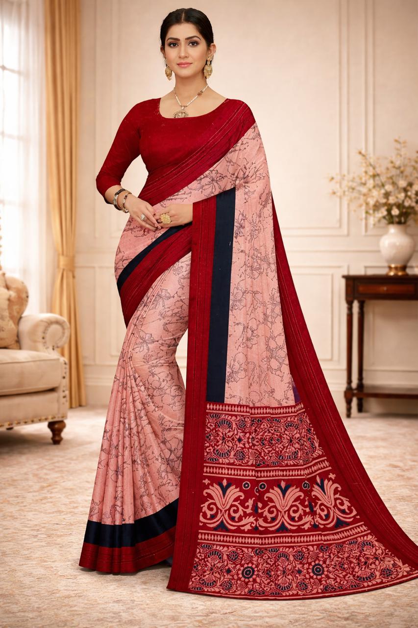 Georgette Peach Red Saree
