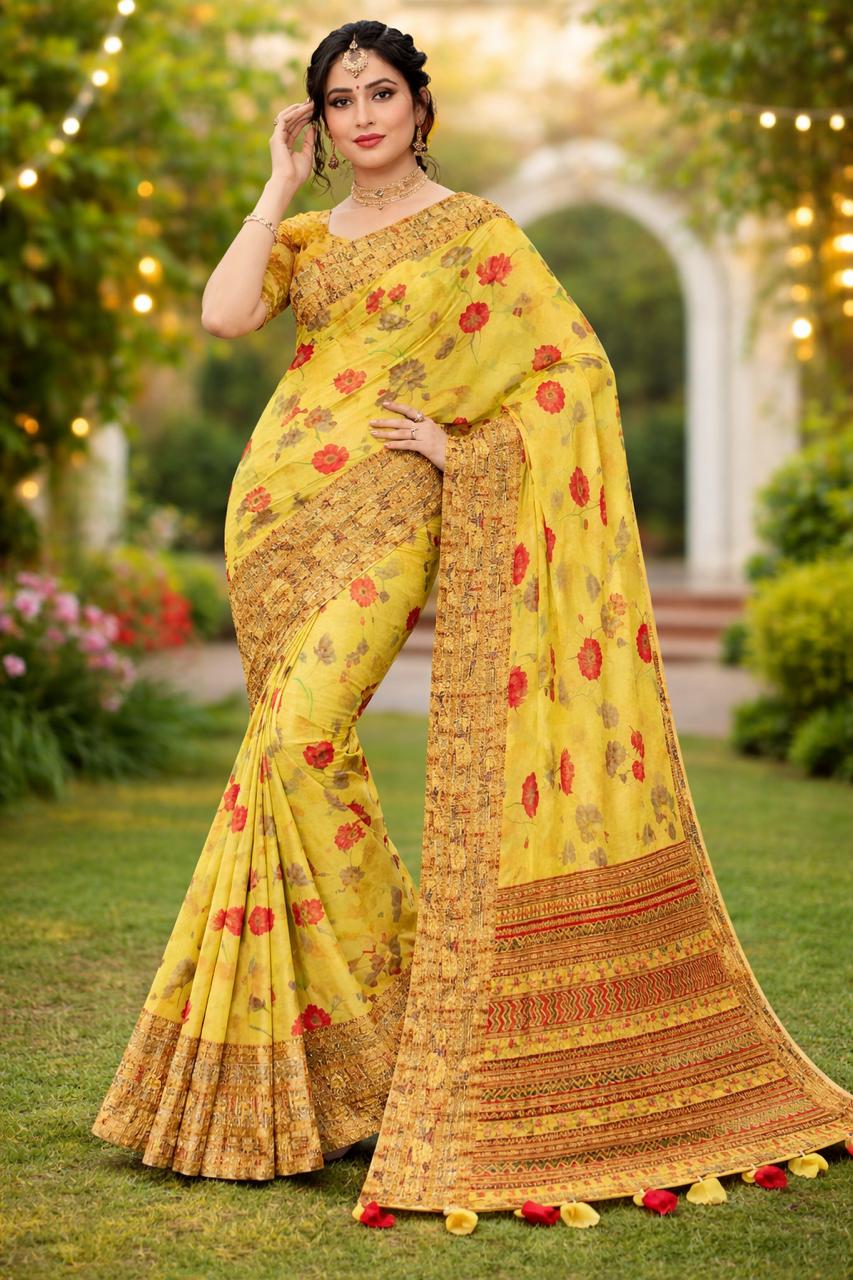 Cotton Saree Yellow 3D Print