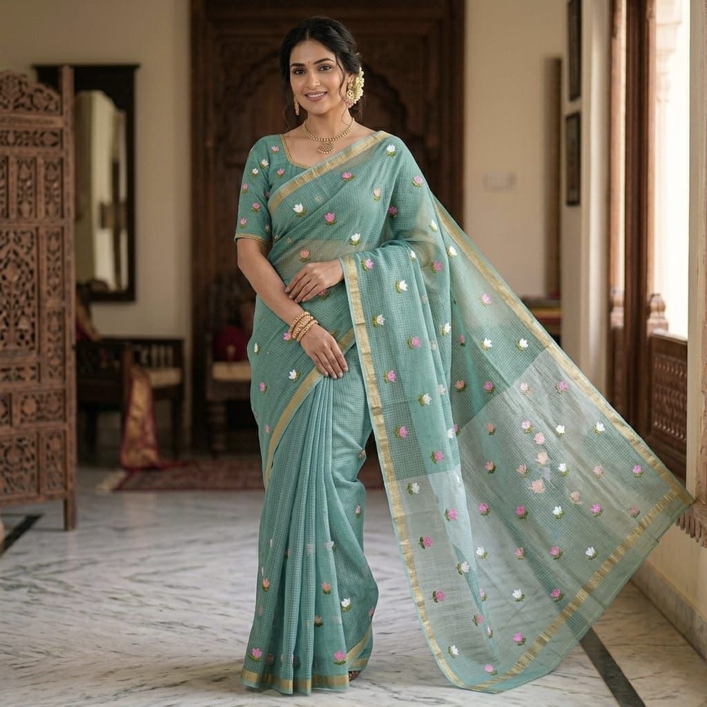 Kota Cotton with Embroidery Sea Green Light Cyan