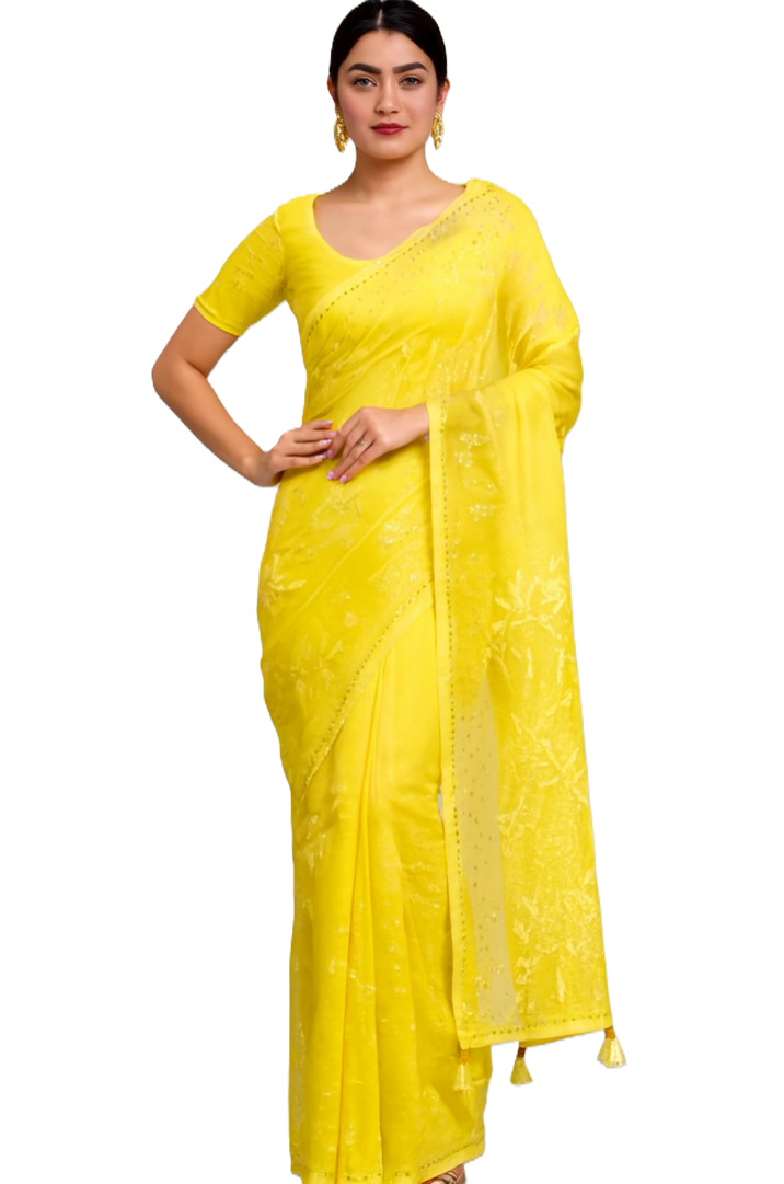 Designer Party Saree Georgette Yellow Saree