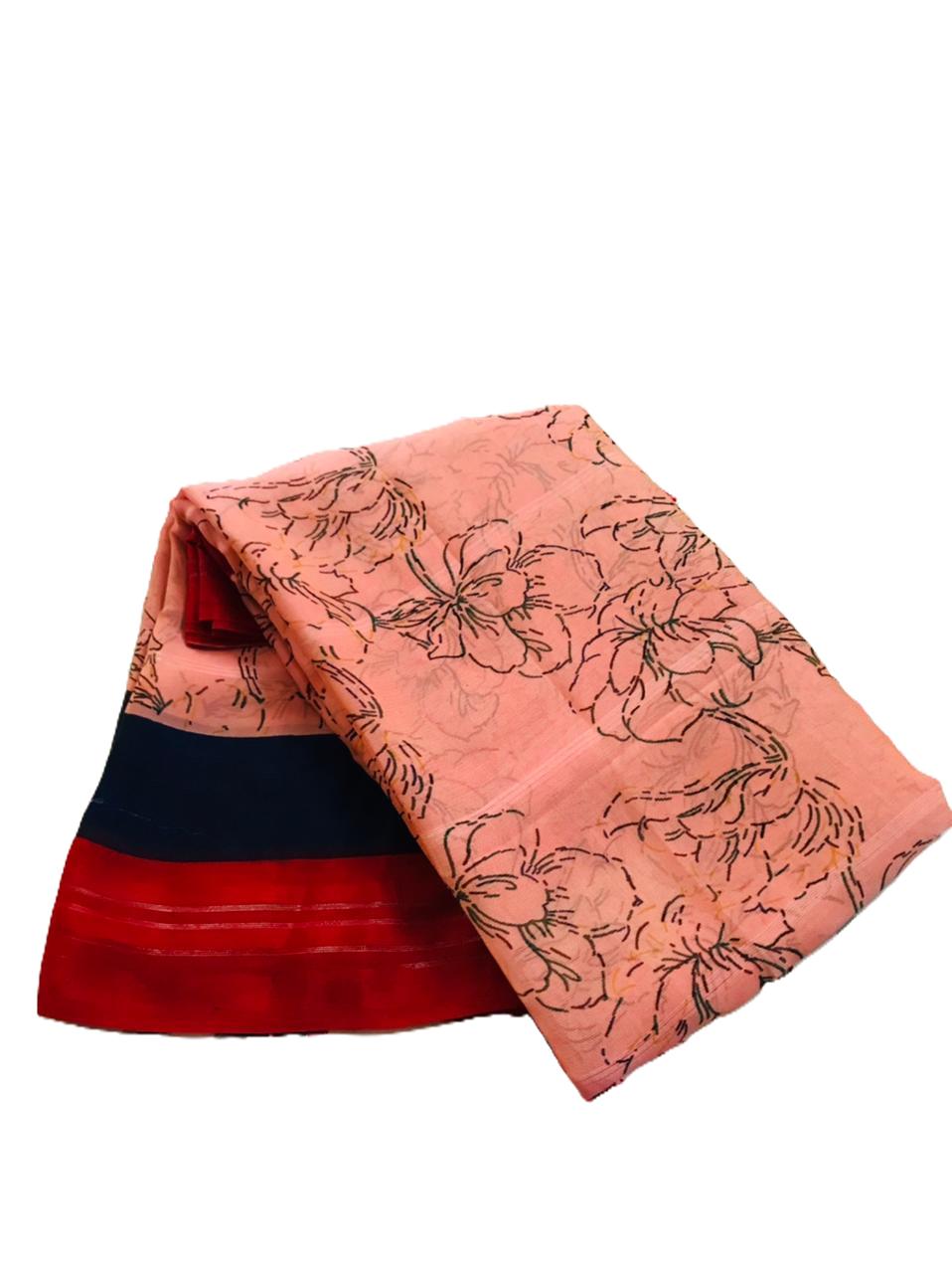 Georgette Peach Red Saree